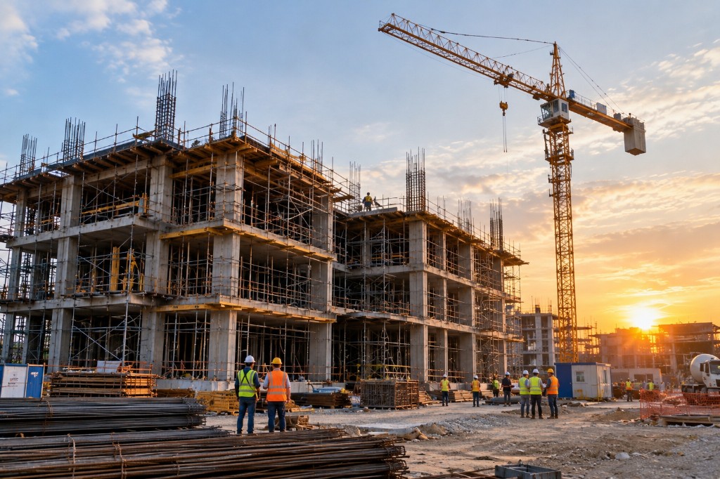 A construction site with a tower crane at sunset