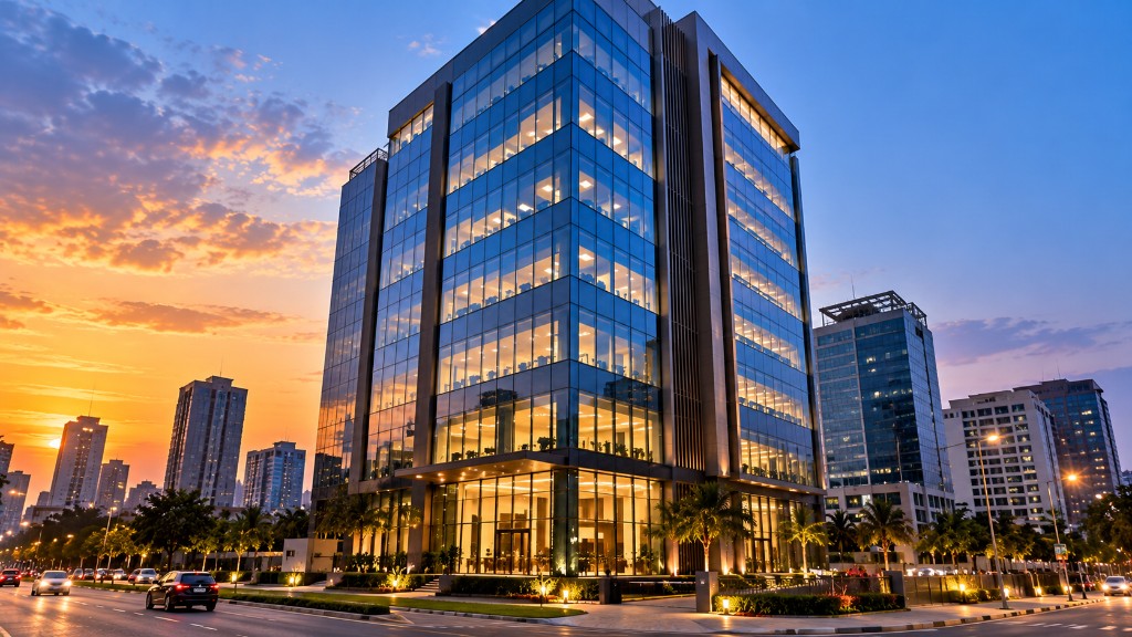 A contemporary glass office building at sunset