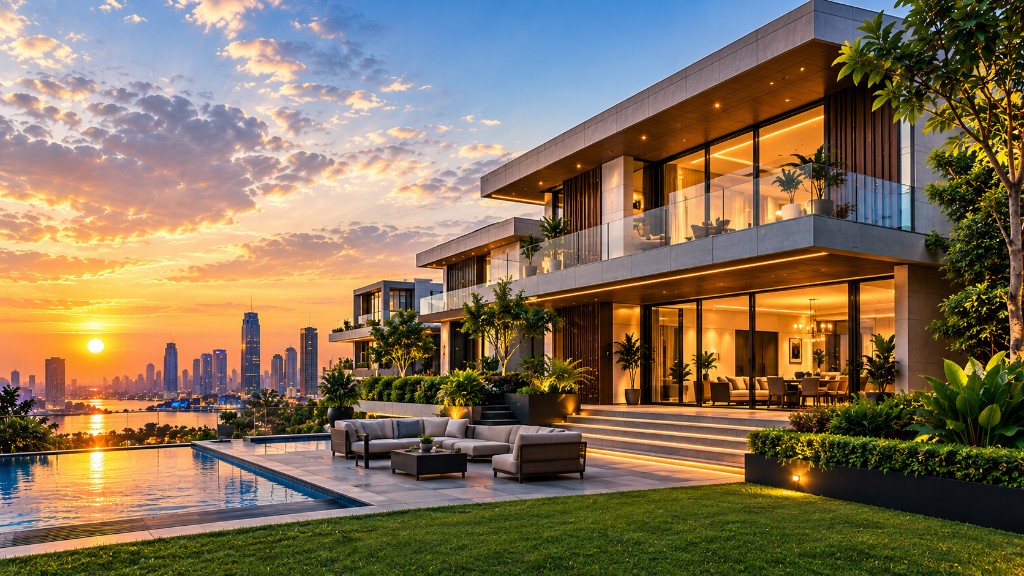 A modern home with a pool and skyline at sunset