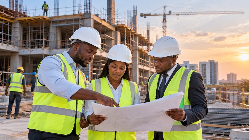 A construction team reviewing drawings on an active building site