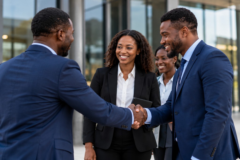 Business professionals shaking hands outside a modern office