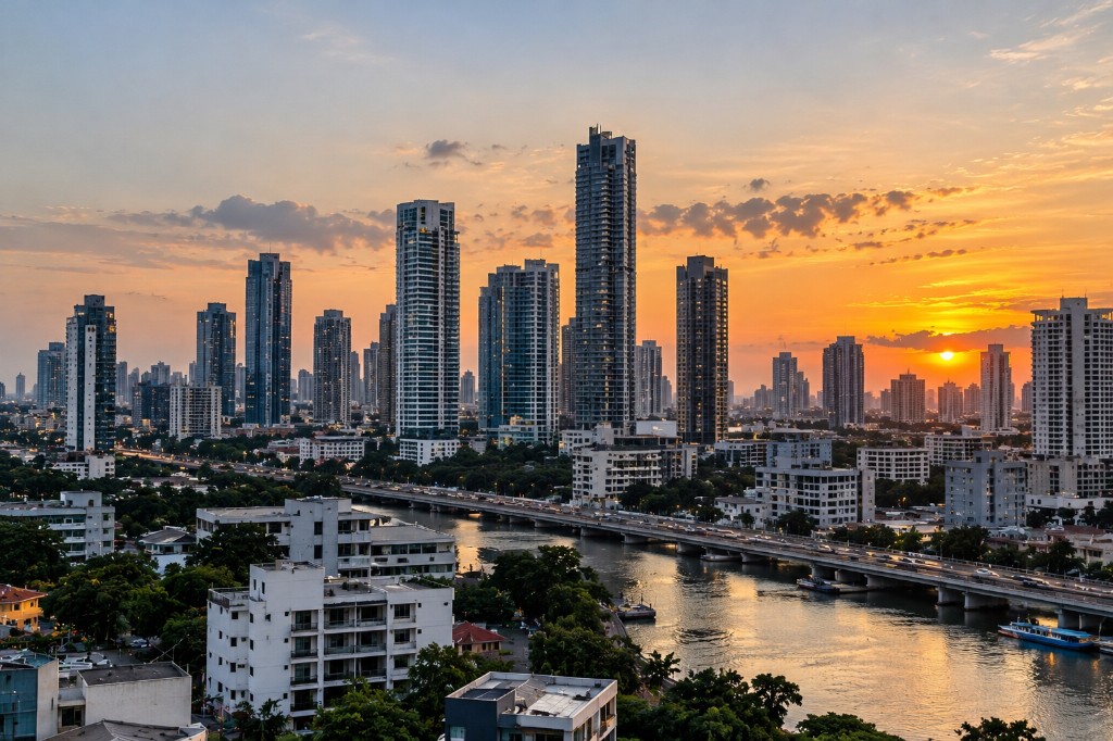 City skyline along the river at sunset