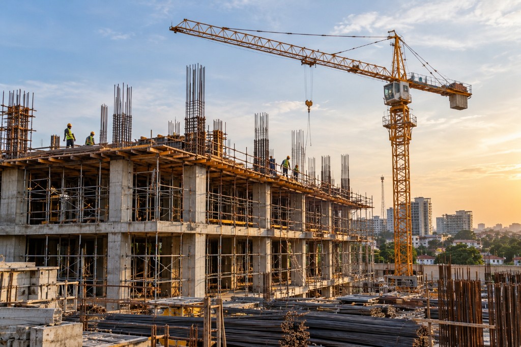 Construction site with a tower crane and workers on the structure