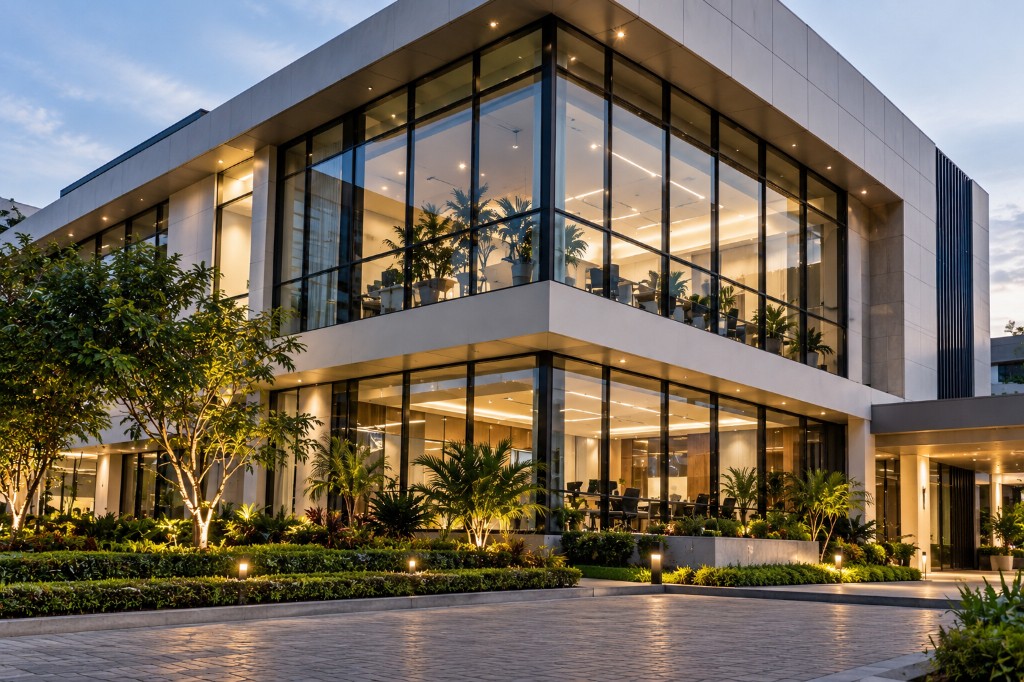 Modern glass office with illuminated interiors at dusk
