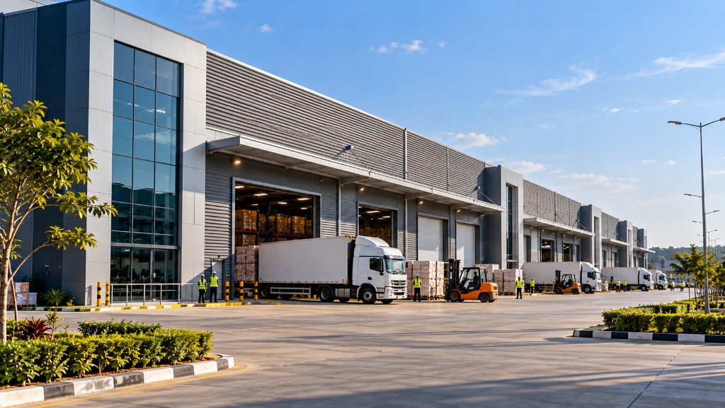 A modern logistics park with loading docks and a service road