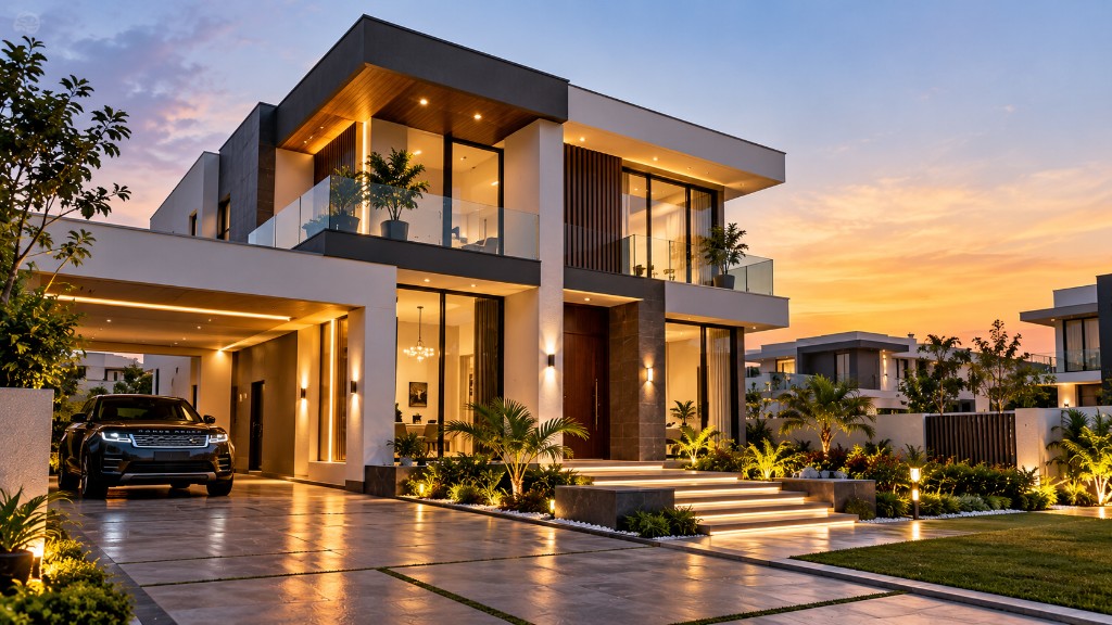 A contemporary house at dusk
