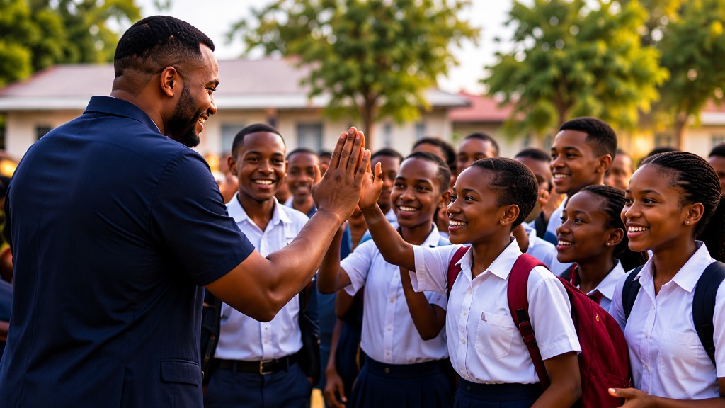 A mentor greeting a group of students outdoors