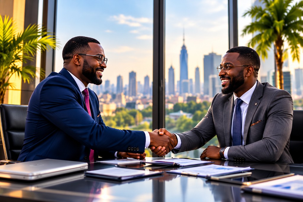 Two professionals shaking hands across a meeting table