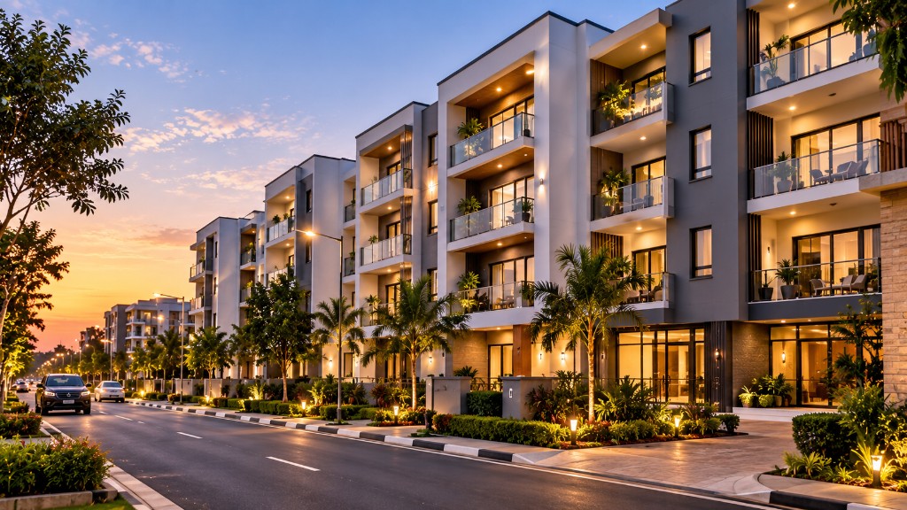 A landscaped residential street of modern apartment buildings at dusk